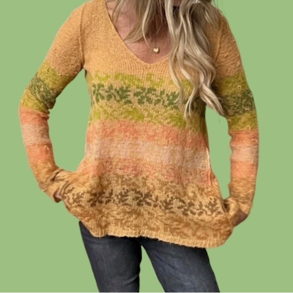 Free People A Line Lightweight Sweater in peach, brown pink and green pattern
